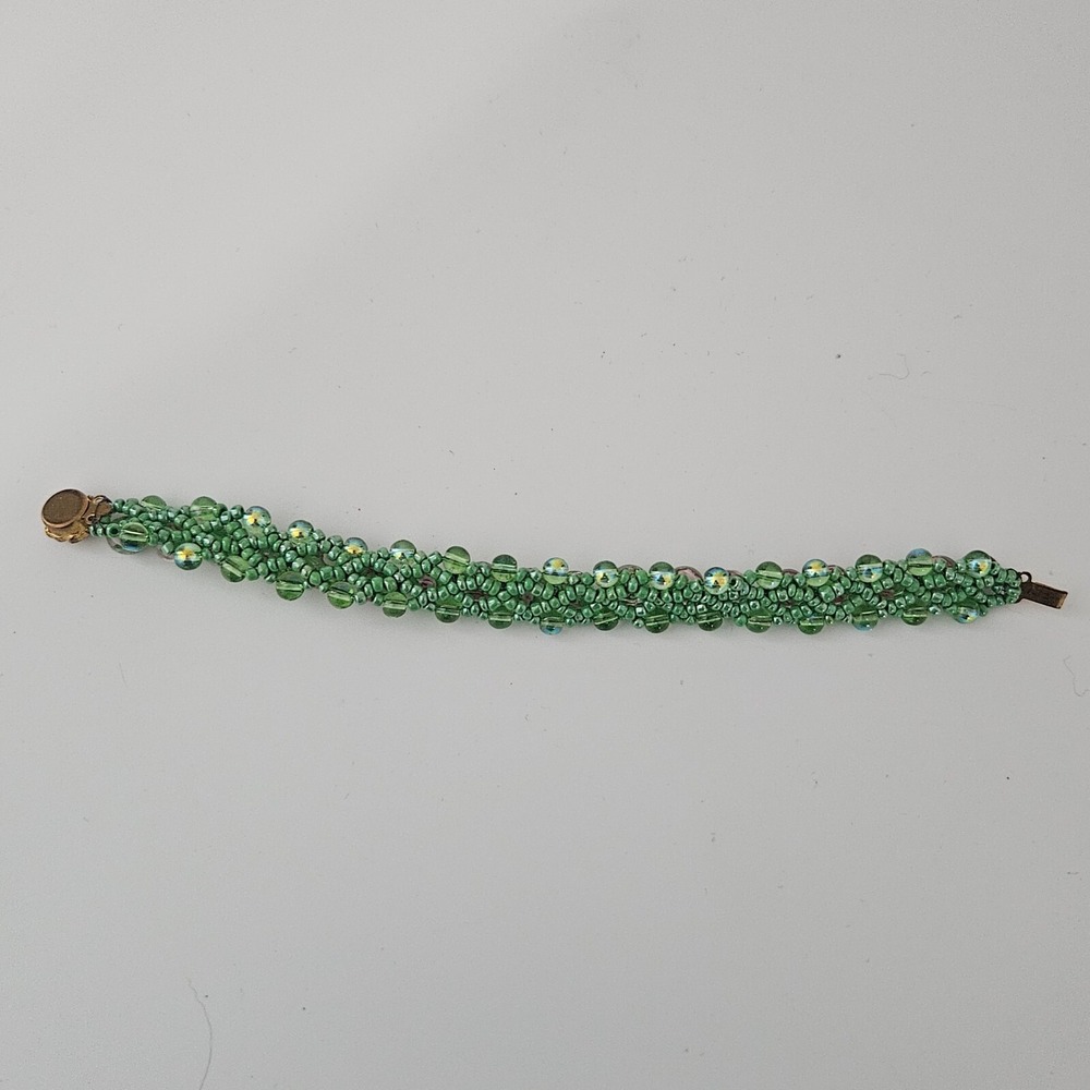 Glass Beaded Green Bracelet Flower Beads Floral Box Clasp 6 1/4" - Picture 5 of 10